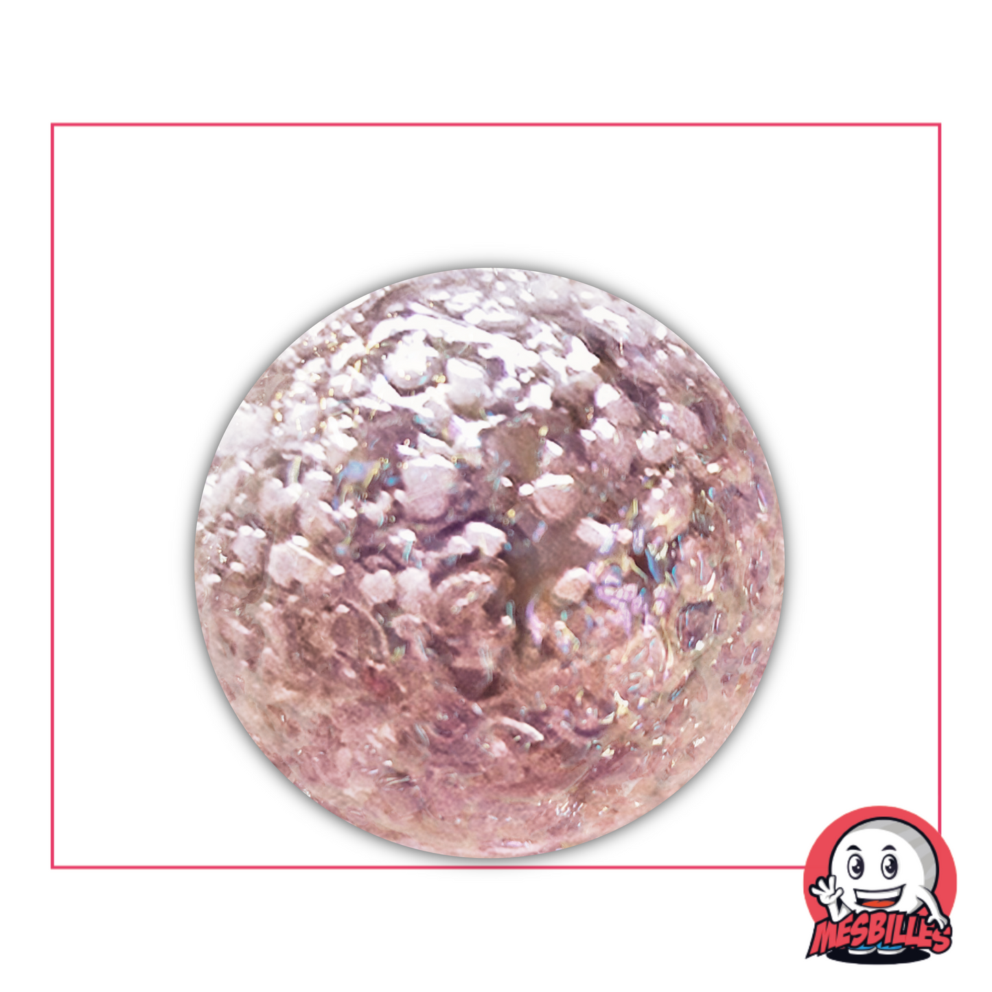 Biglia rosa violacea da 35 mm, superficie testurizzata e scintillante che evoca un antico paesaggio planetario ricoperto di cristalli di silice