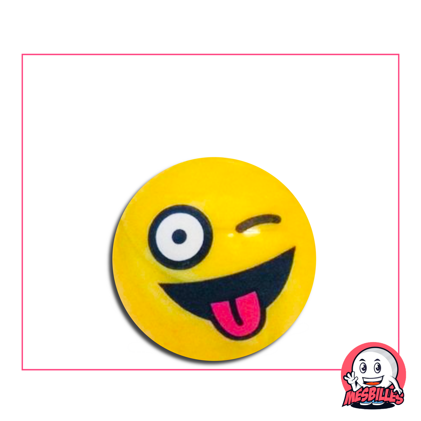 Biglia gialla con uno smiley che tira fuori la lingua e fa l'occhiolino, in stile cartone animato divertente