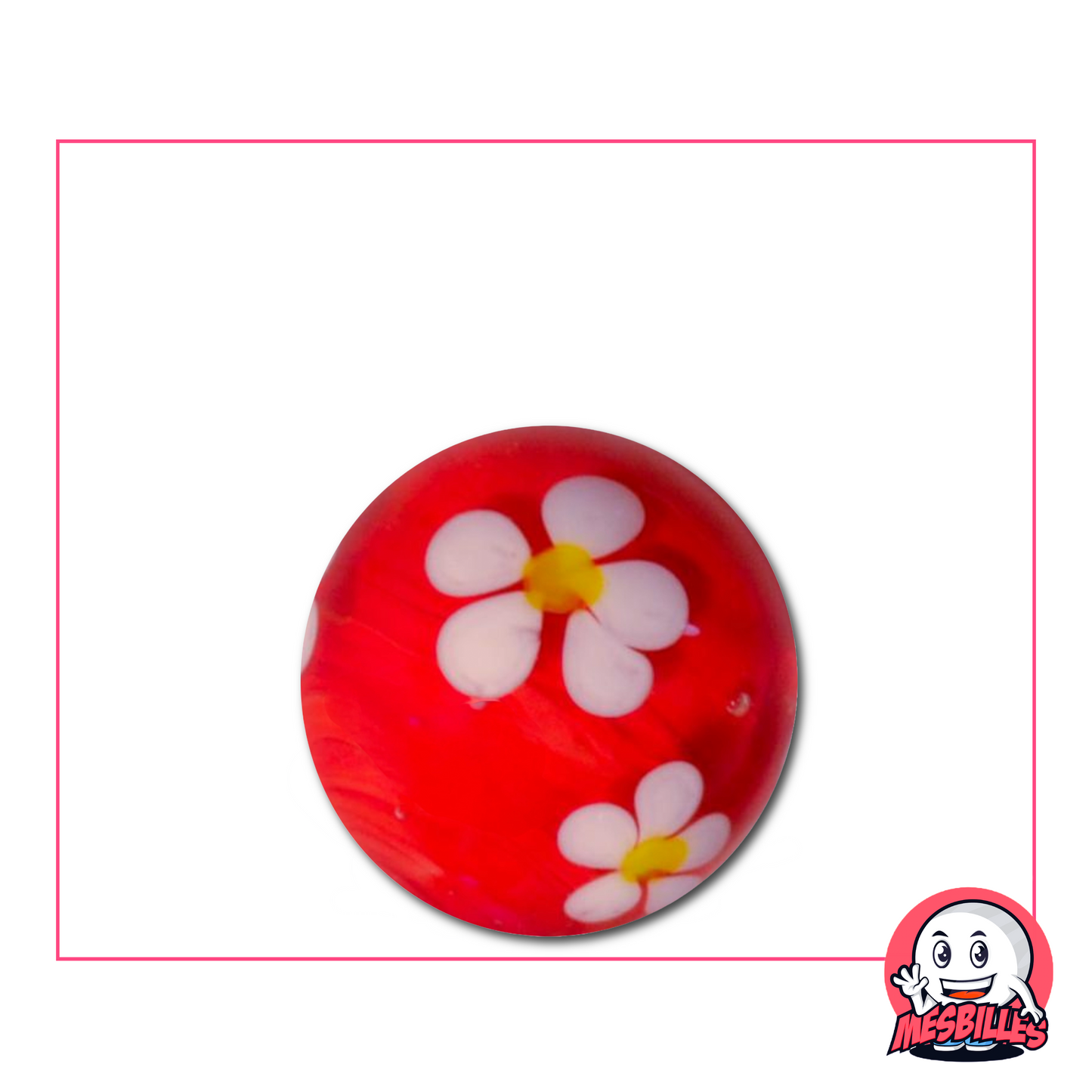 Grande biglia rossa da 22 mm con un fiore bianco a cinque petali incastonato nel vetro trasparente