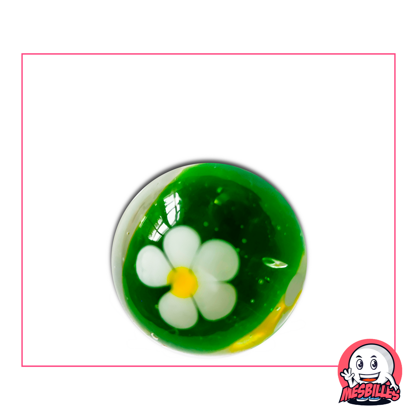 Grande biglia verde da 22 mm con fiore bianco a cinque petali fissato nel vetro, effetto giardino in miniatura