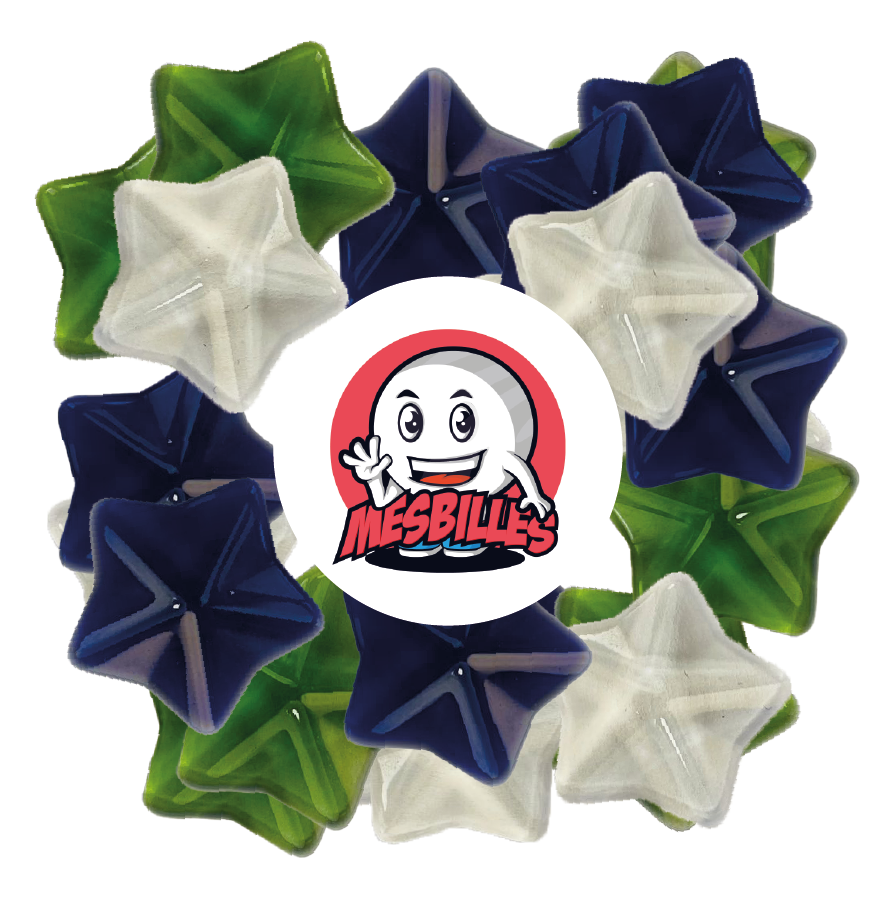 Image de la Mascotte MesBilles entourée de Billes Extra-Plate Arapède Bleu-Nuit en Verre Translucide - Décoration et Jeu - MesBilles