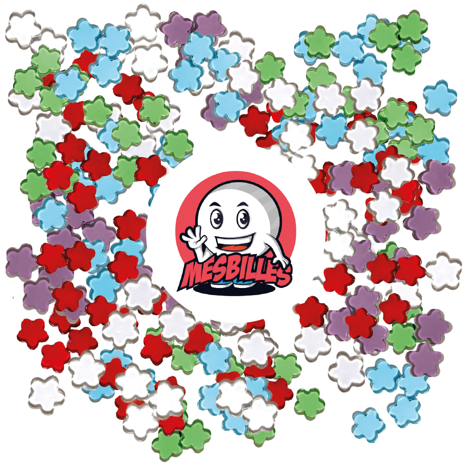 Image de la Mascotte MesBilles entourée de Billes Extra-Plate Fleur en Verre Translucide Vert - MesBilles