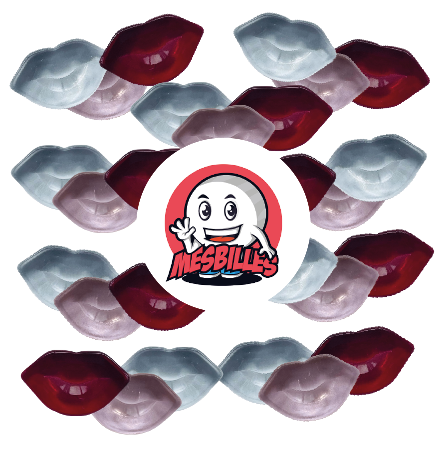 Image de la Mascotte MesBilles entourée de billes Extra-plate Kiss en verre translucide cristal, taille 25 mm - MesBilles