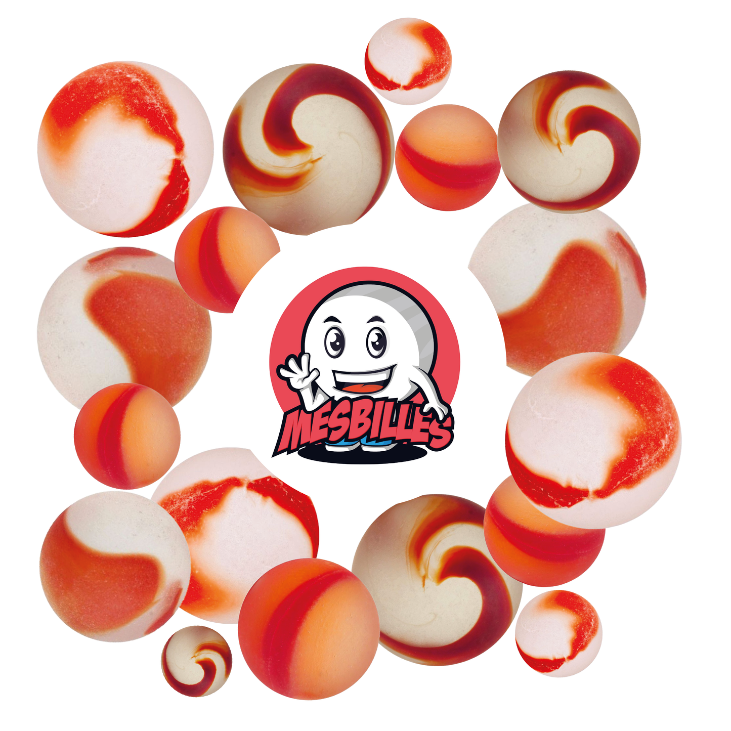 Image de la Mascotte MesBilles entourée de Billes Givré - Bille en verre Dépoli strié de Rouge 22 mm MesBilles