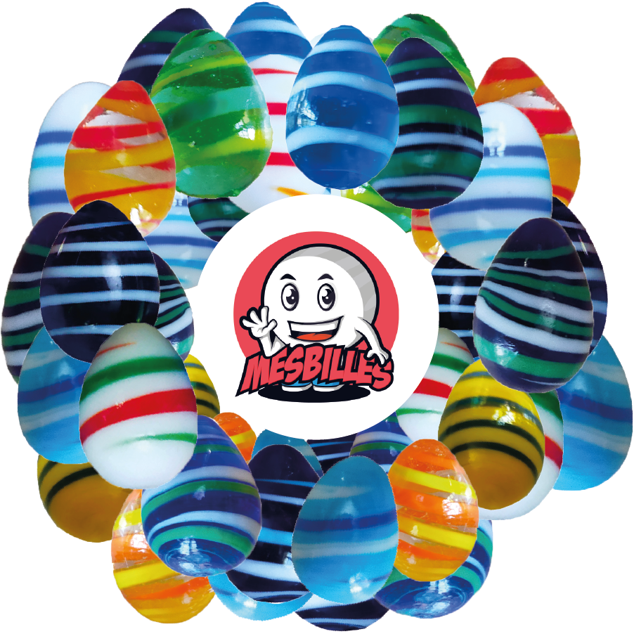 Image de la Mascotte MesBilles entourée de Billes Oeuf MesBilles, forme non conventionnelle, verre bleu-intense rayé blanc et bleu, 25mmBilles Oeuf MesBilles, forme non conventionnelle, verre bleu-intense rayé blanc et bleu, 25mm
