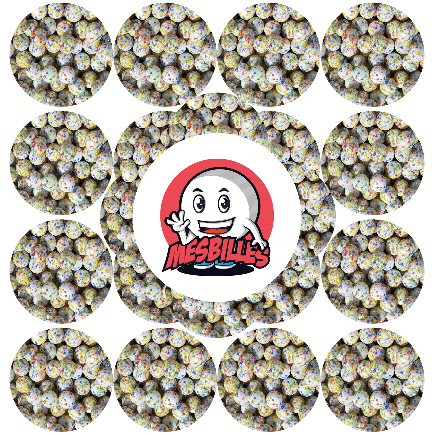 Biglia 14 mm bianca opaca ricoperta di frammenti multicolori - MieiBiglie