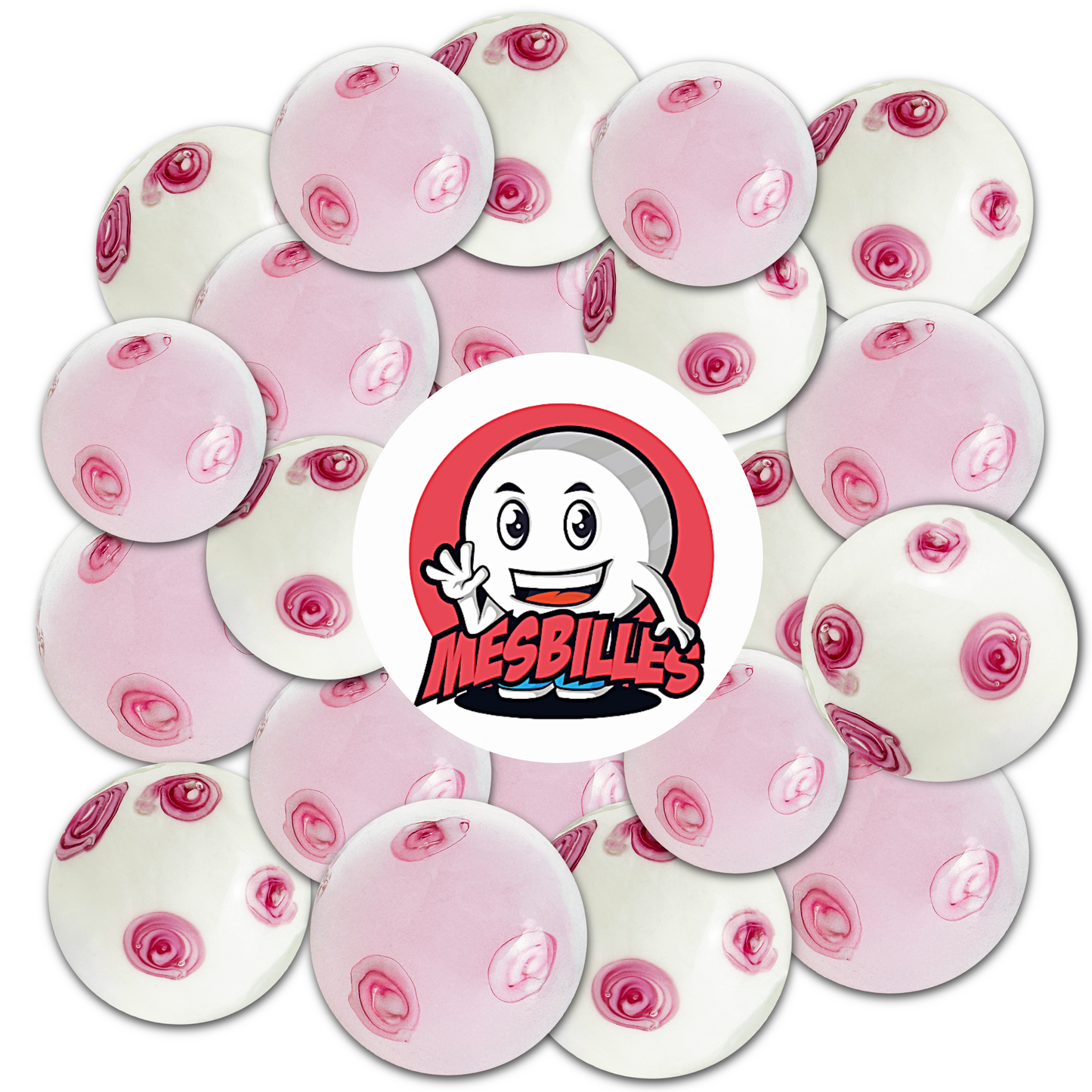 Mascotte MesBilles posée sur des Billes en verre artisanales de 16 mm un fond blanc ornée de fleurs roses délicates, évoquant la poésie fragile du cerisier en fleurs.