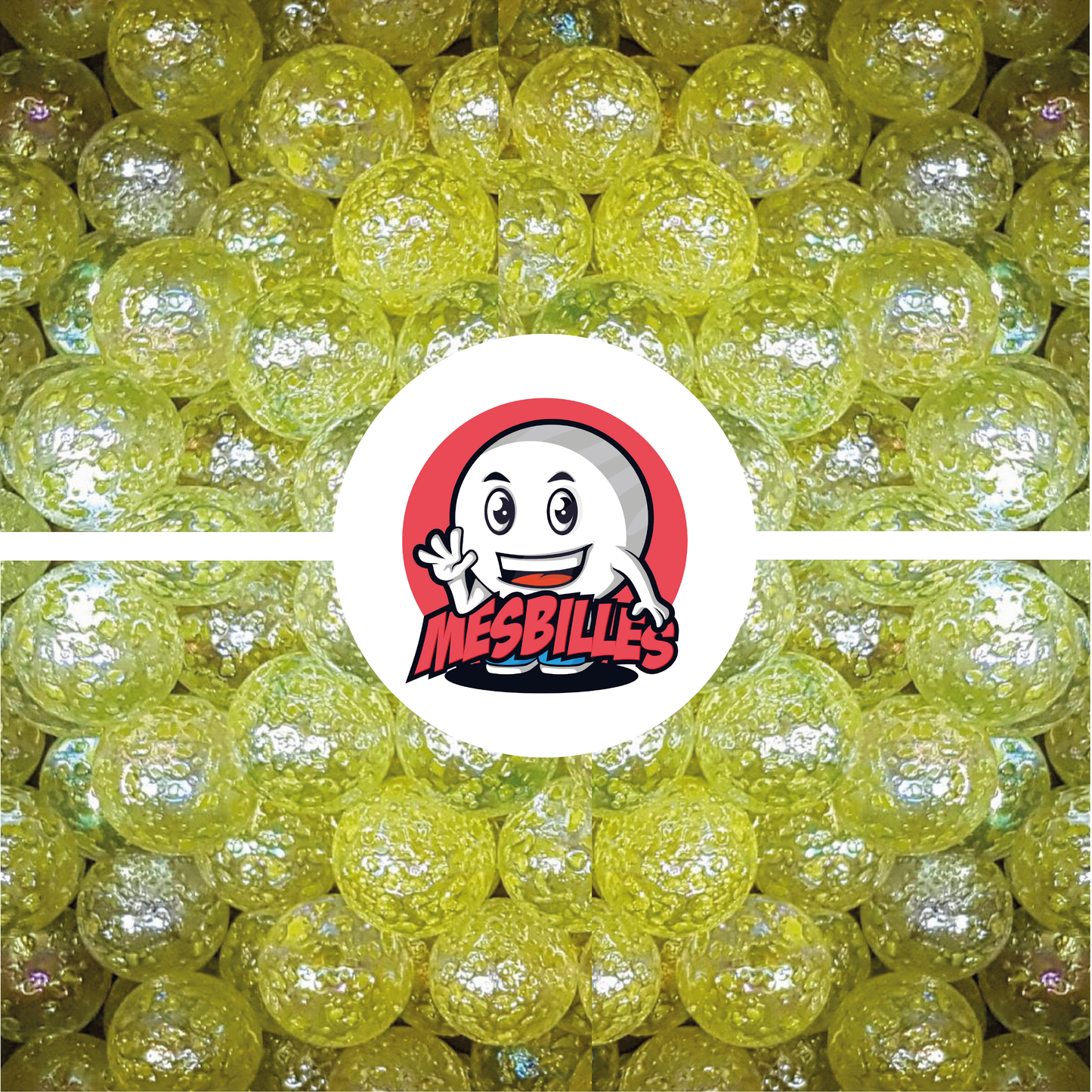 Image de la Mascotte MesBilles entourée de Billes Pépite en verre translucide avec éclats JAUNE 50 mm