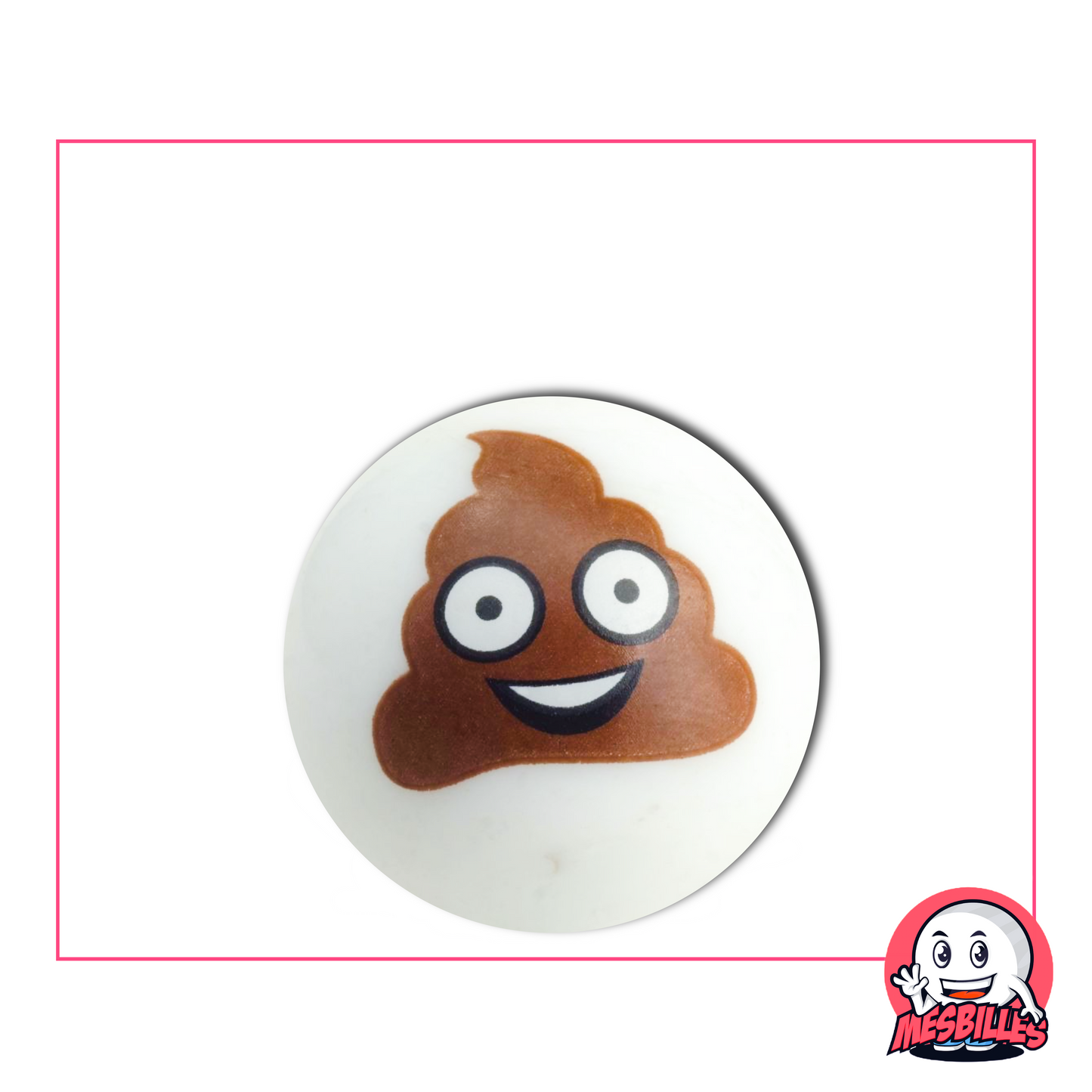 Bille blanche illustrée d’un emoji caca souriant aux yeux écarquillés