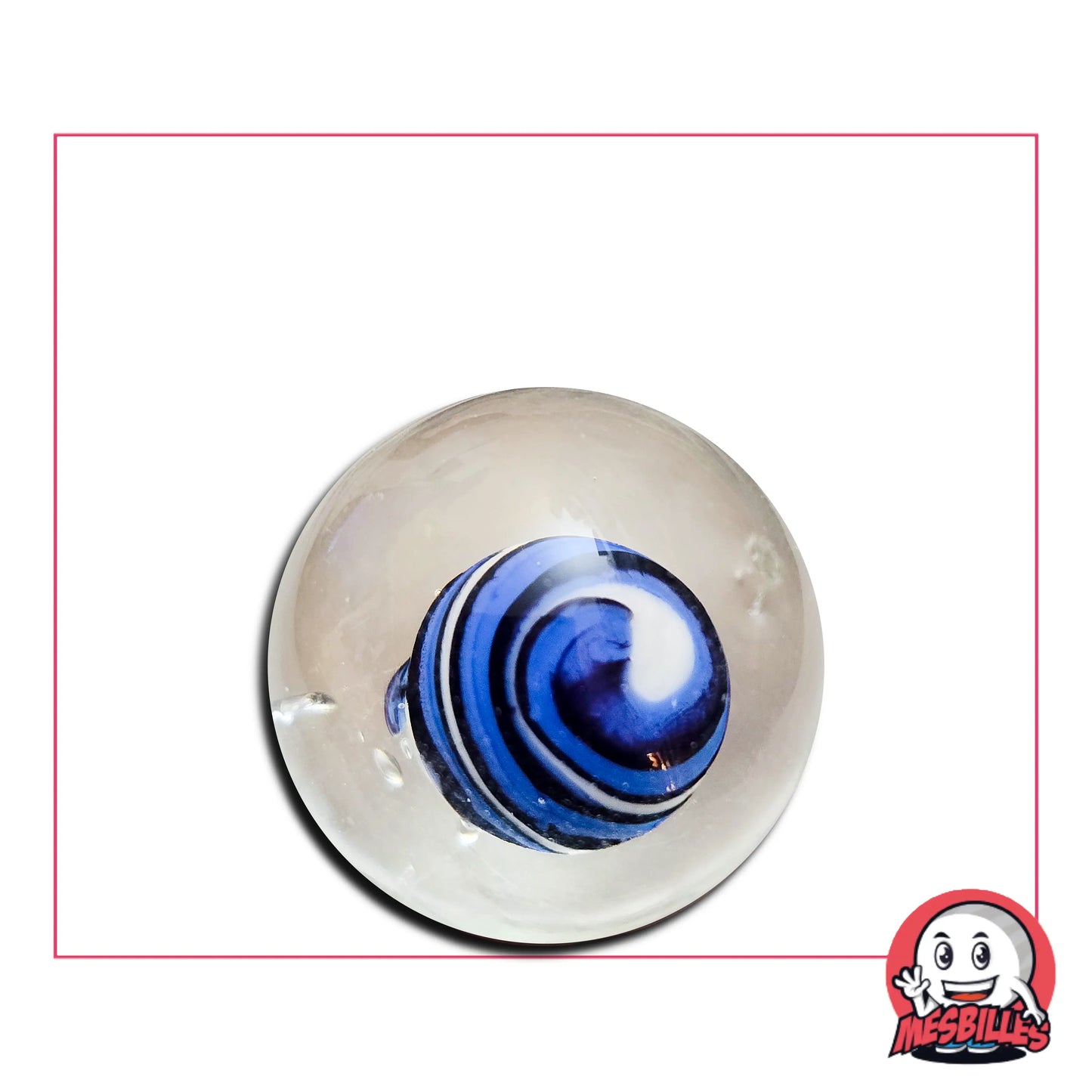 Bille Art Vague Bleu 25 mm avec motif ondulé bleu inspiré d’une vague, en verre transparent.