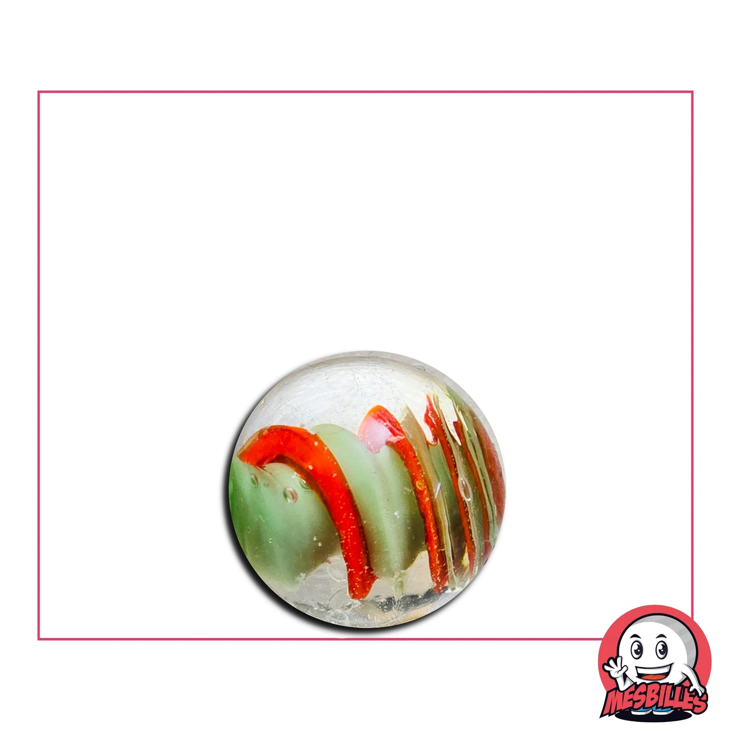 Bille Art Bonbon Rouge Vert 16 mm – bille en verre de Bohème transparente avec spirales rouges et vertes, effet bonbon artisanal MesBilles
