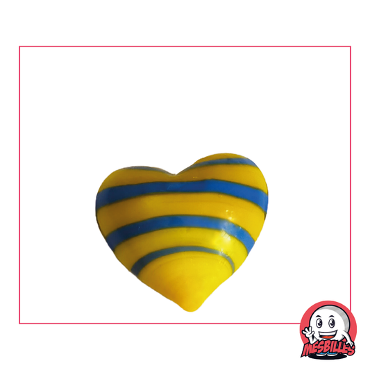 Biglia a forma di cuore in vetro opaco giallo e striato di blu, biglia piatta 25 mm, MieiBiglie