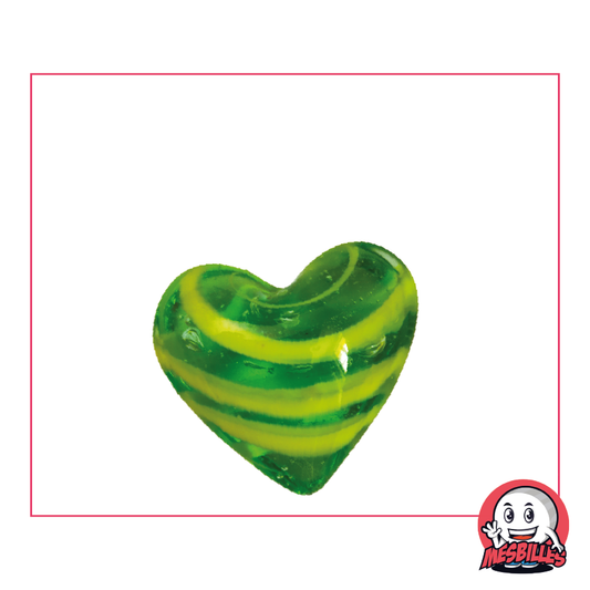 Biglia a forma di cuore in vetro traslucido verde a strisce gialle, biglia piatta 25 mm, MieiBiglie