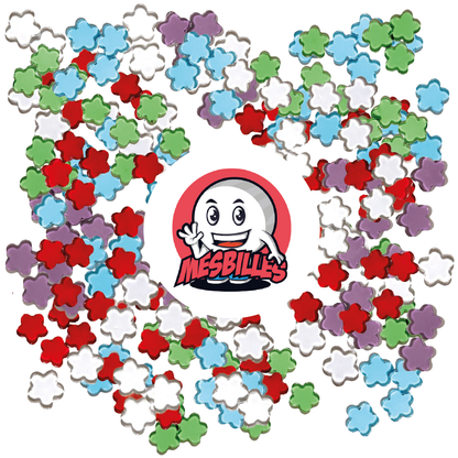 Image de la Mascotte MesBilles entourée de Billes Extra-plate Fleur en verre translucide violet, taille 25 mm - MesBilles