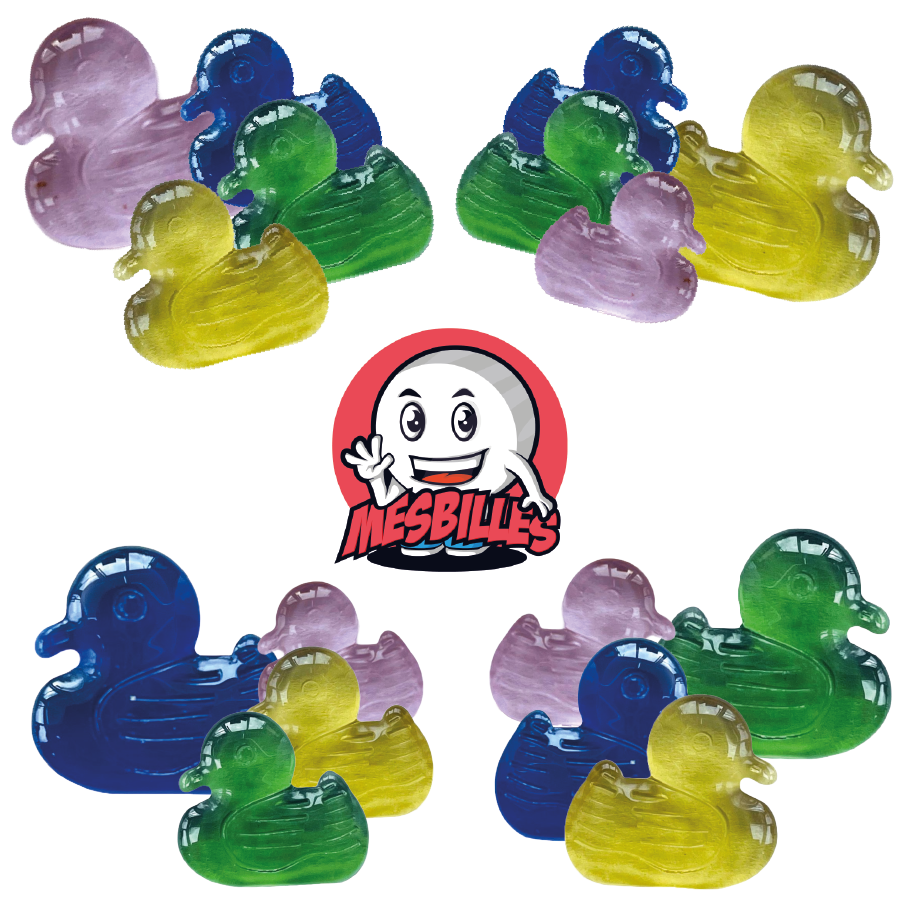 Image de la Mascotte MesBilles entourée de billes Extra-plate Canard Rose de 25 mm, le flamant des billes Formes chez MesBilles