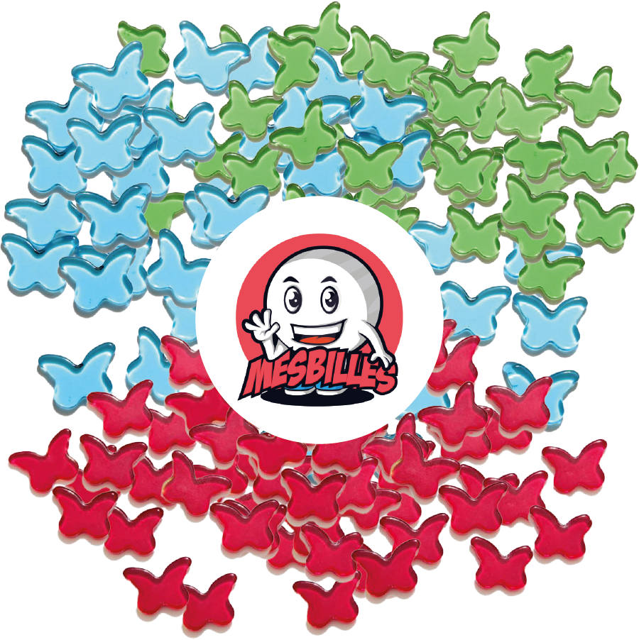 Image de la Mascotte MesBilles entourée de Billes Extra-Plate Papillon en Verre Translucide Vert - MesBilles