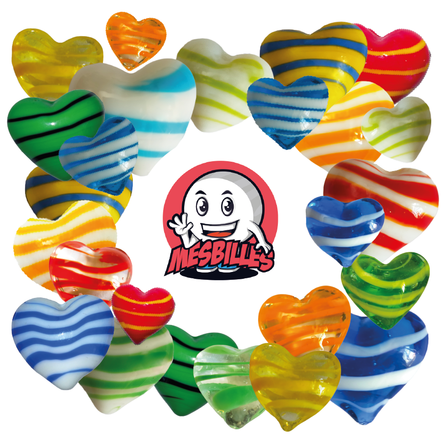 Mascotte MieiBiglie più Biglia a forma di cuore in vetro opaco giallo e strisce blu, biglia piatta 25 mm, MieiBiglie