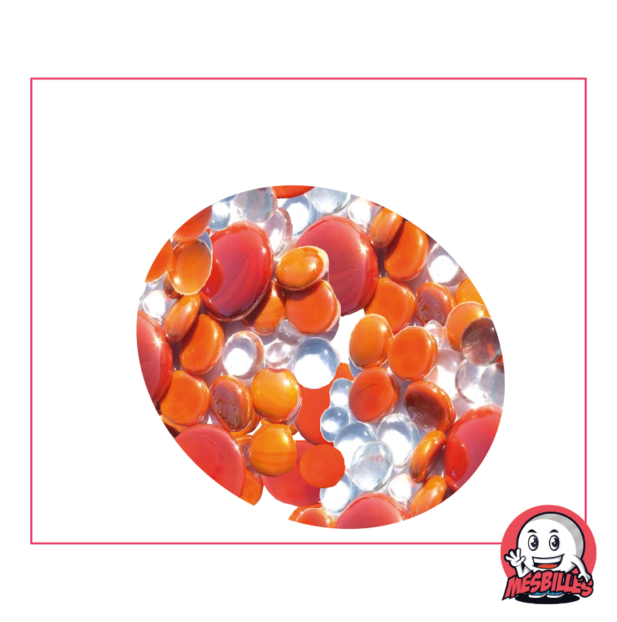 Billes Plates, mélange orange, 30mm, 18mm, 12mm, opaques et transparentes
