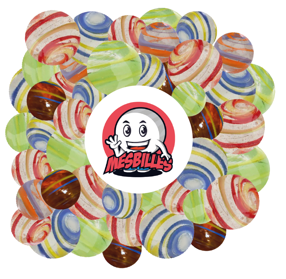 Billes 25 mm Cyclone Orange et Bleu KimPlay en verre Translucide et billes Multi-Couleurs autour de la Mascotte MesBilles