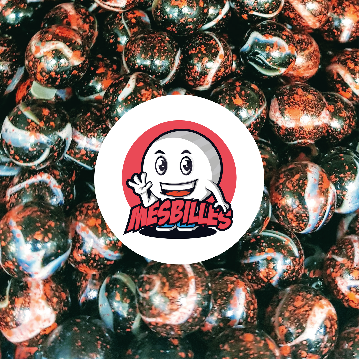 Immagine della mascotte MieiBiglie circondata da Biglie Dracula 16 mm in vetro opaco bianco rosso macchiato di nero