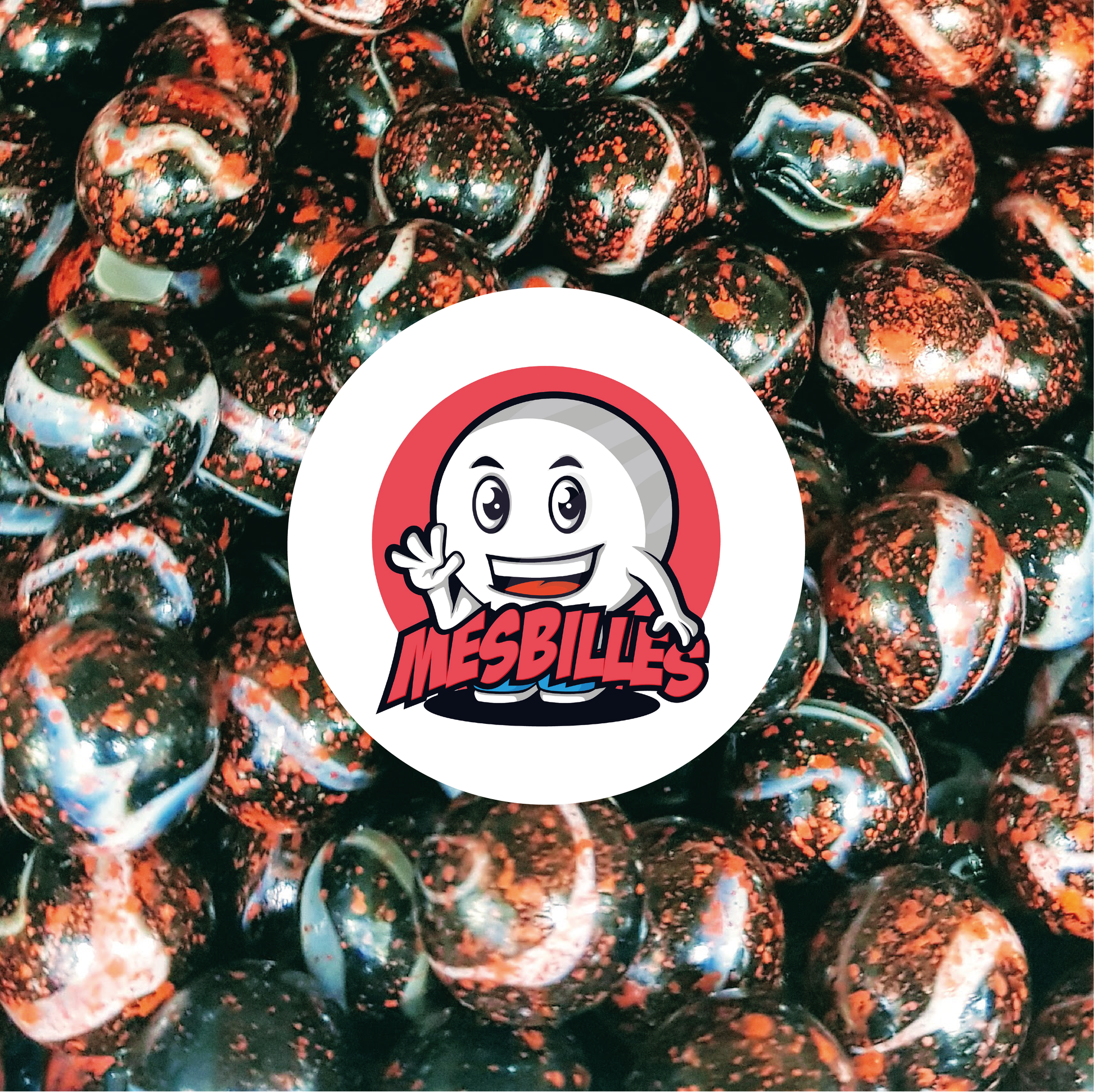 Immagine della mascotte MieiBiglie circondata da Biglie Dracula 16 mm in vetro opaco bianco rosso macchiato di nero