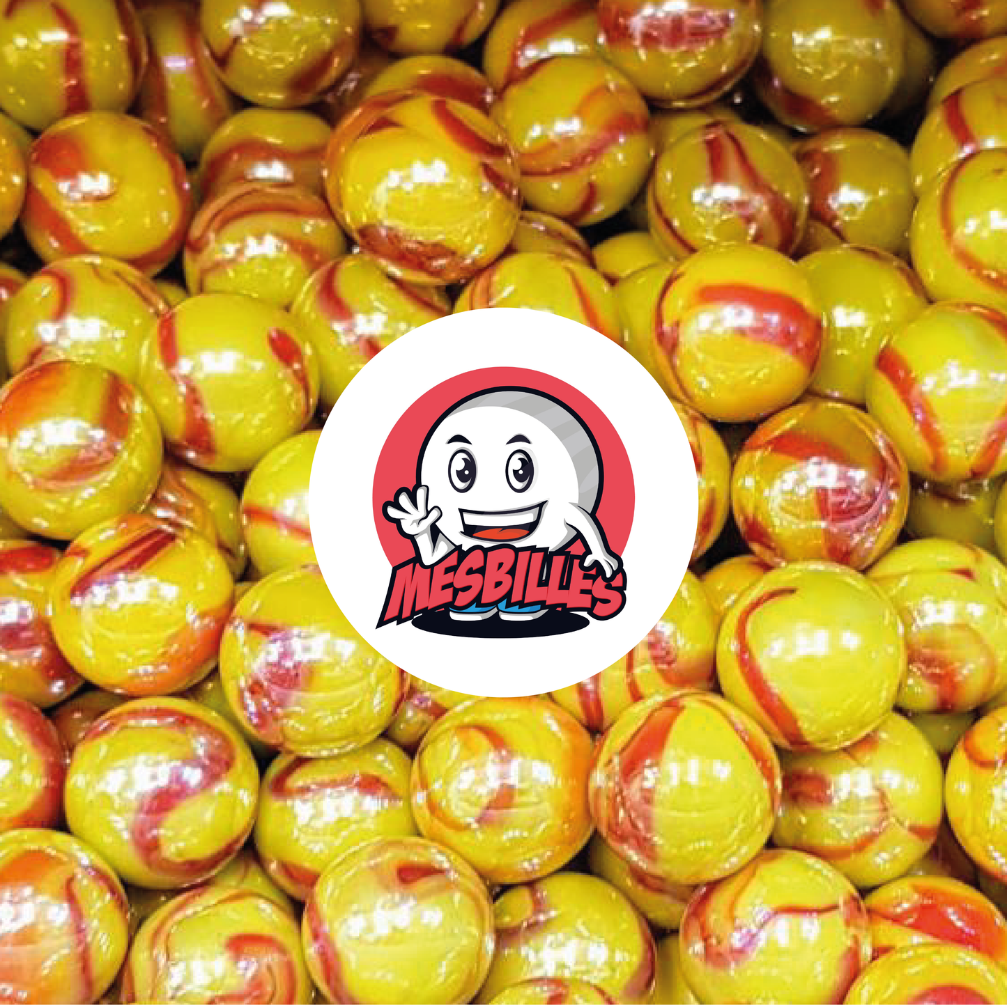 Immagine della mascotte MieiBiglie circondata da Biglie Dragon 16 mm - Incredibile combinazione di giallo e rosso in un vetro opaco e brillante