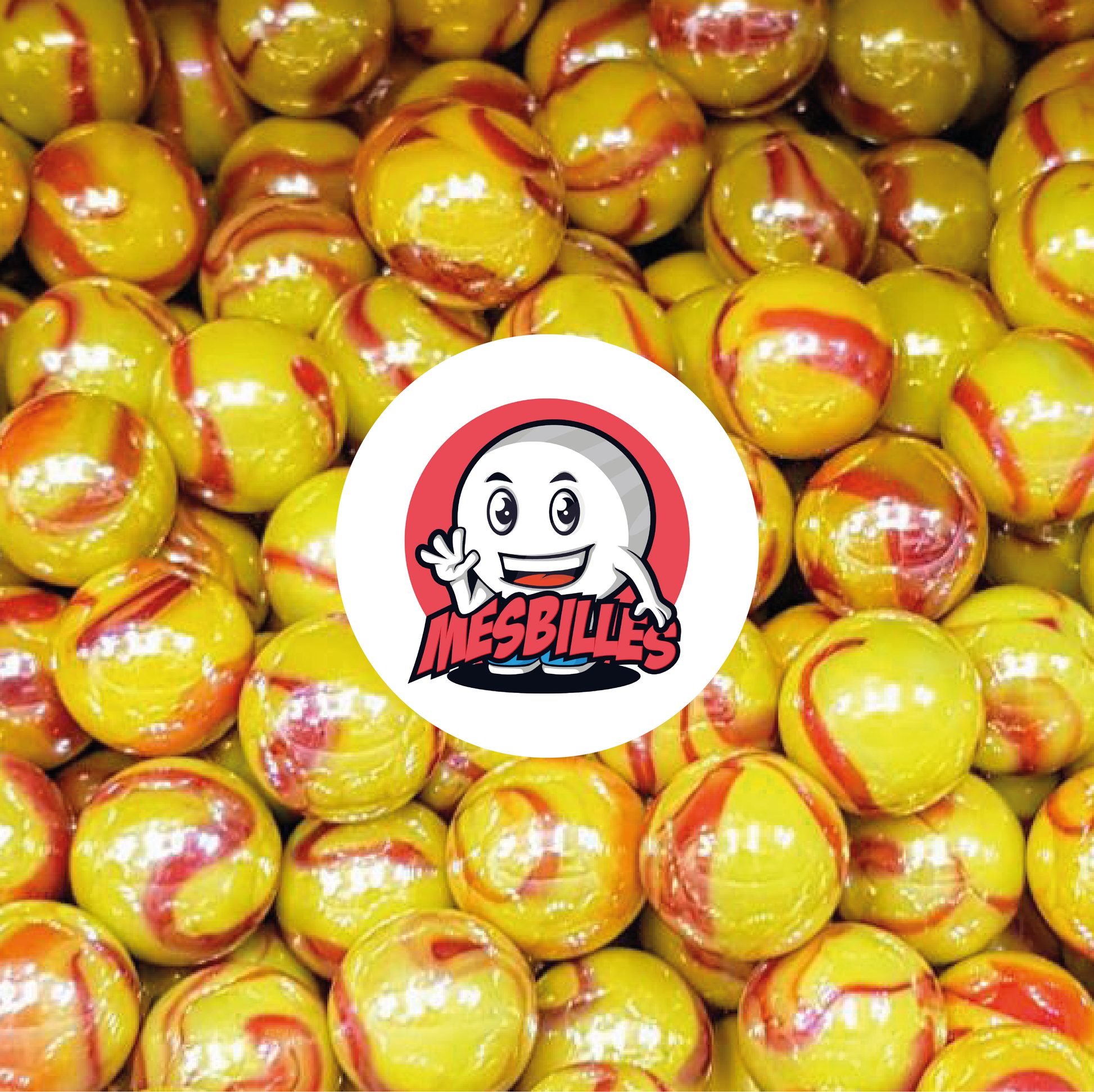 Immagine della mascotte MieiBiglie circondata da Biglie Dragon 16 mm - Incredibile combinazione di giallo e rosso in un vetro opaco e brillante