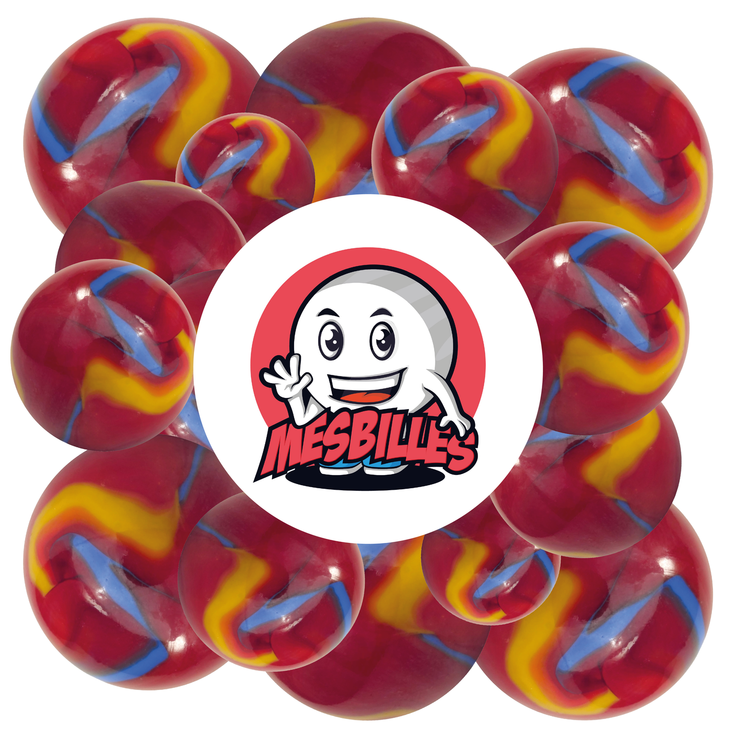 Image de la Mascotte MesBilles entourée de Billes Fiesta 14 mm rouge striée de bleu et de jaune