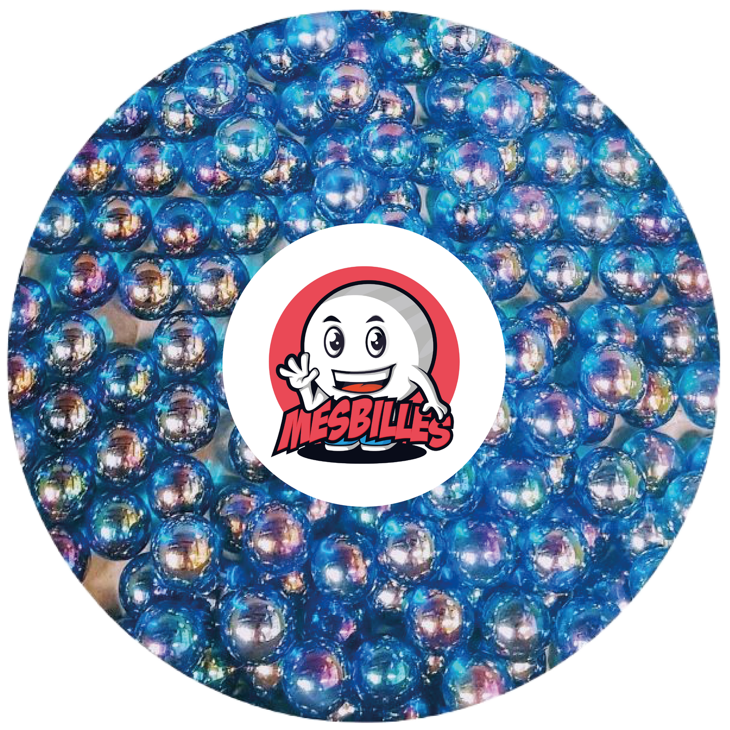 Image de la Mascotte MesBilles entourée de Billes Irisée 14 mm Bleu, la lumière au bout des doigts