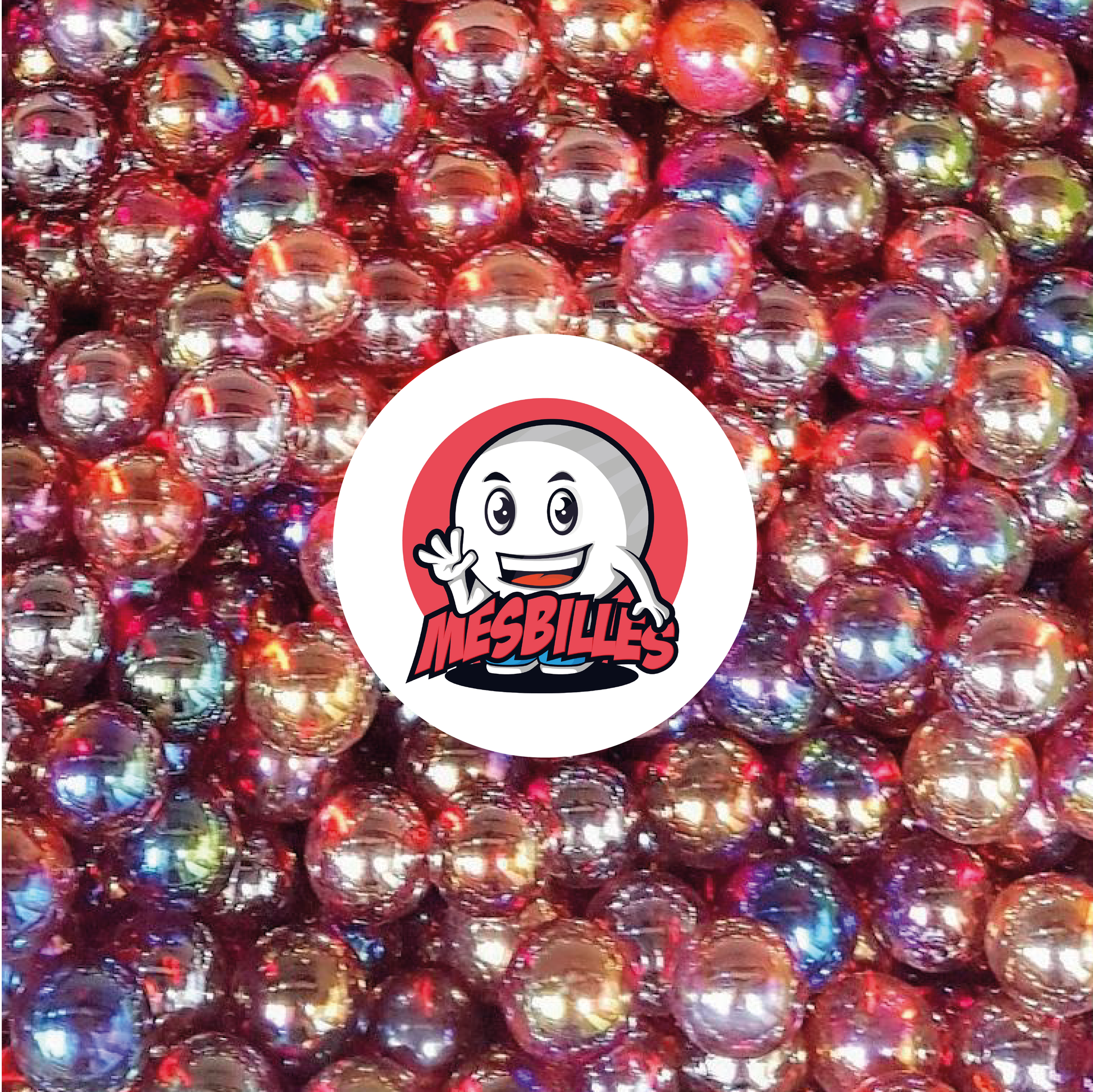 Immagine della mascotte MesBilles circondata da Biglie Iridescente Rossa 14 mm biglia rone in vetro traslucido