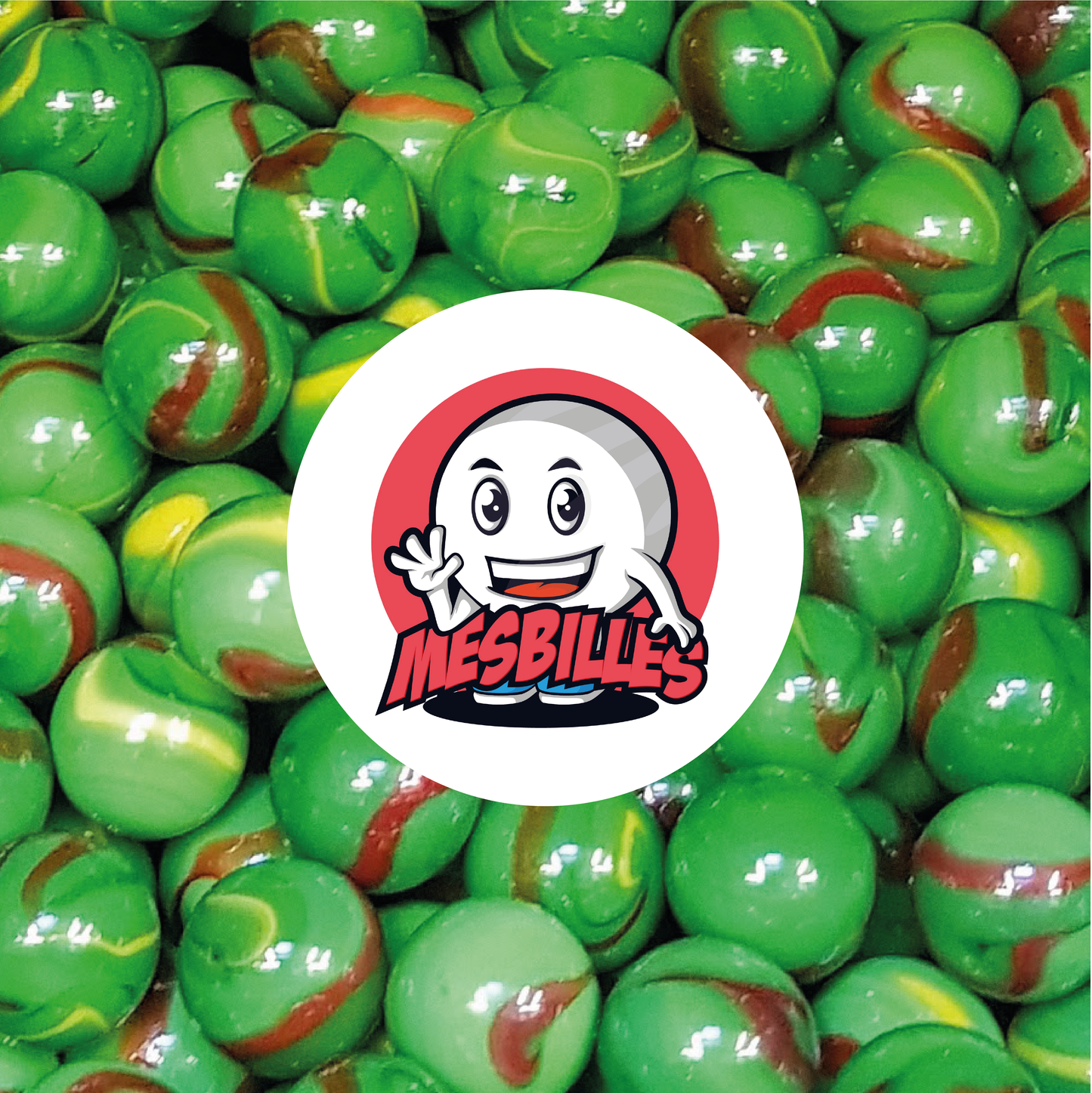 Image de la Mascotte MesBilles entourée de Billes Jungle 25 mm Vert Jaune Marron