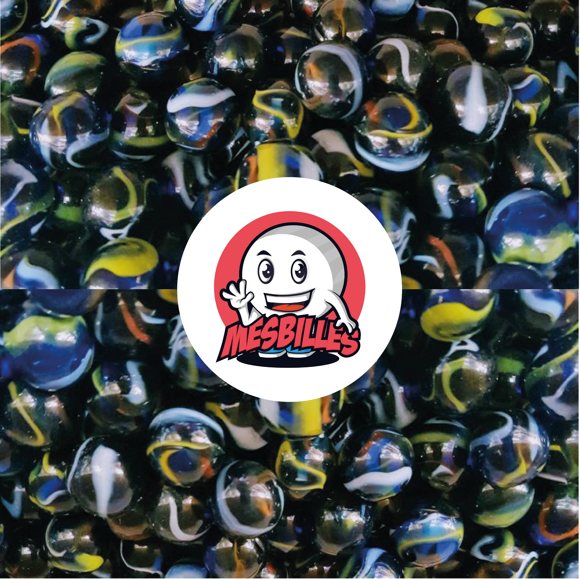 Image de la Mascotte MesBilles entourée de Billes Michel-Ange en verre bleu, avec striures rouges, blanches et jaunes, 50 mm
