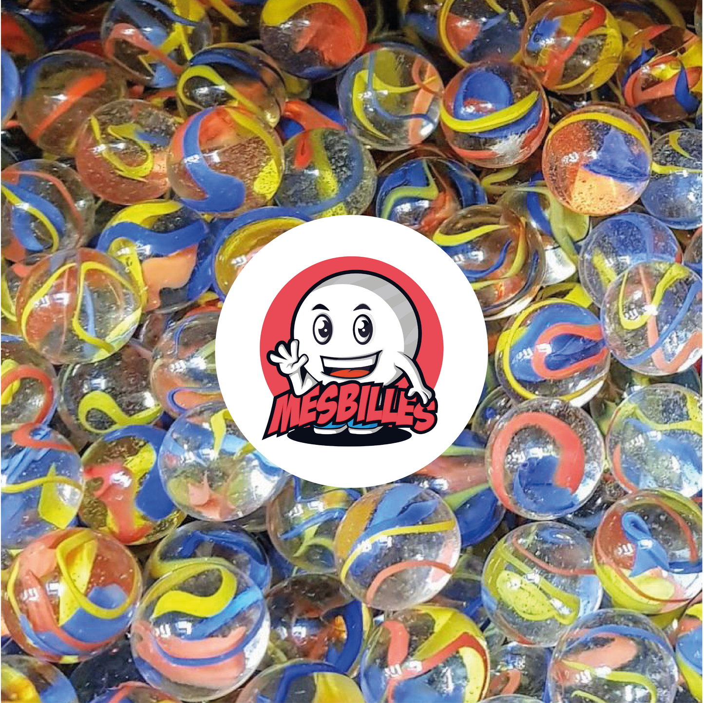 Billes Fusion Colorée de Rouge, Jaune et Bleu en Verre Transparent - Image de la Mascotte MesBilles entourée de Billes Perroquet 50 mm