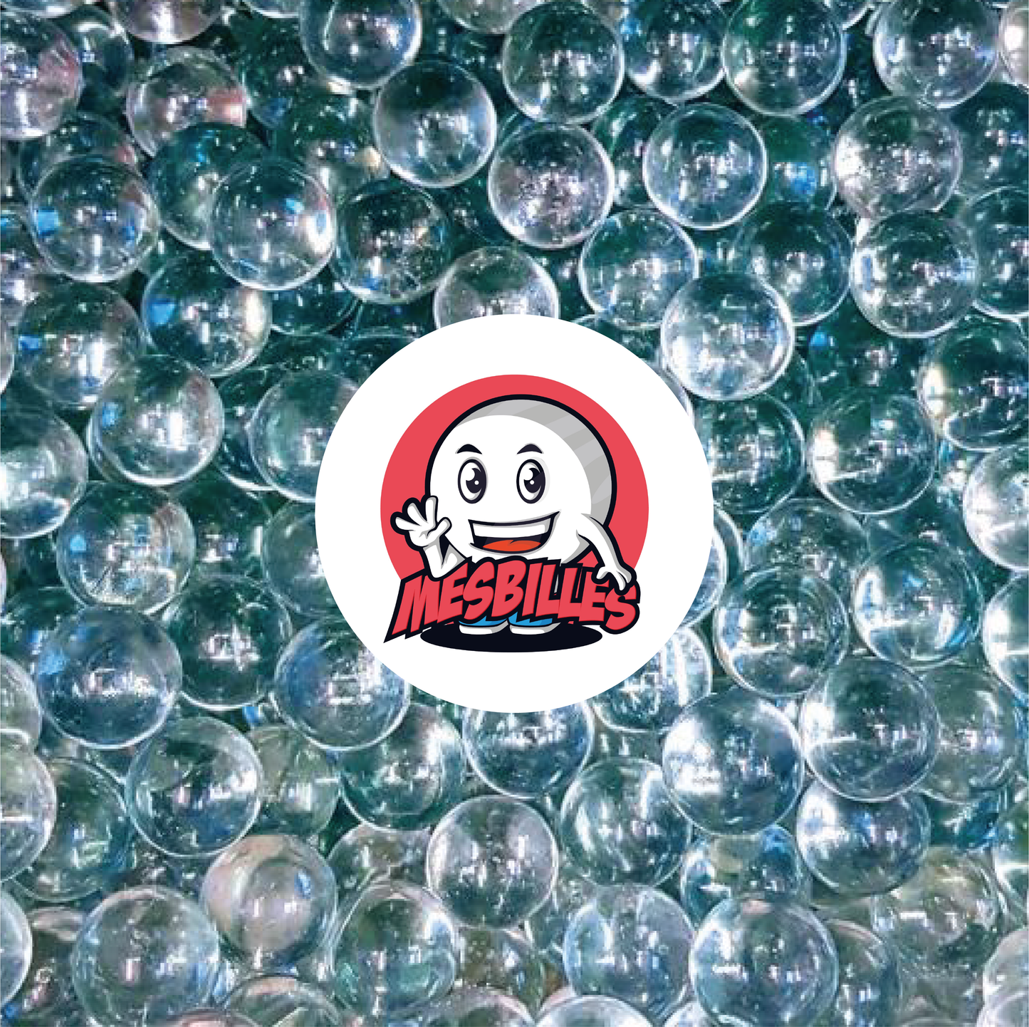 Image de la Mascotte MesBilles entourée de Billes Loupe en verre translucide de couleur cristal - 14 mm - MesBilles
