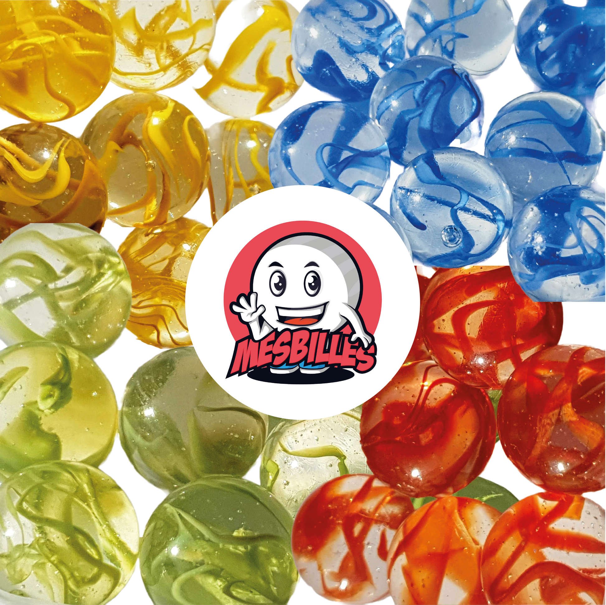 Image de la Mascotte MesBilles entourée de Billes translucides traversée de Rubans BLEU, Billes de 42 mm