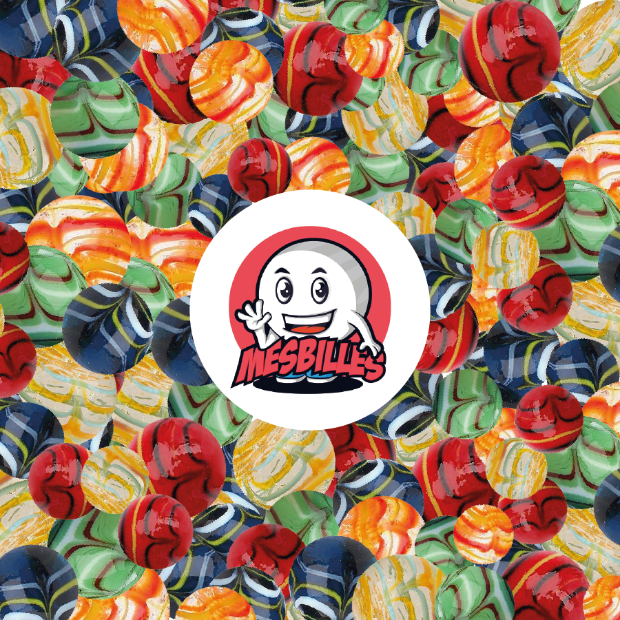Biglie Spider Rosse KimPlay in vetro opaco e biglie Multicolor intorno al Mascotte MieiBiglie