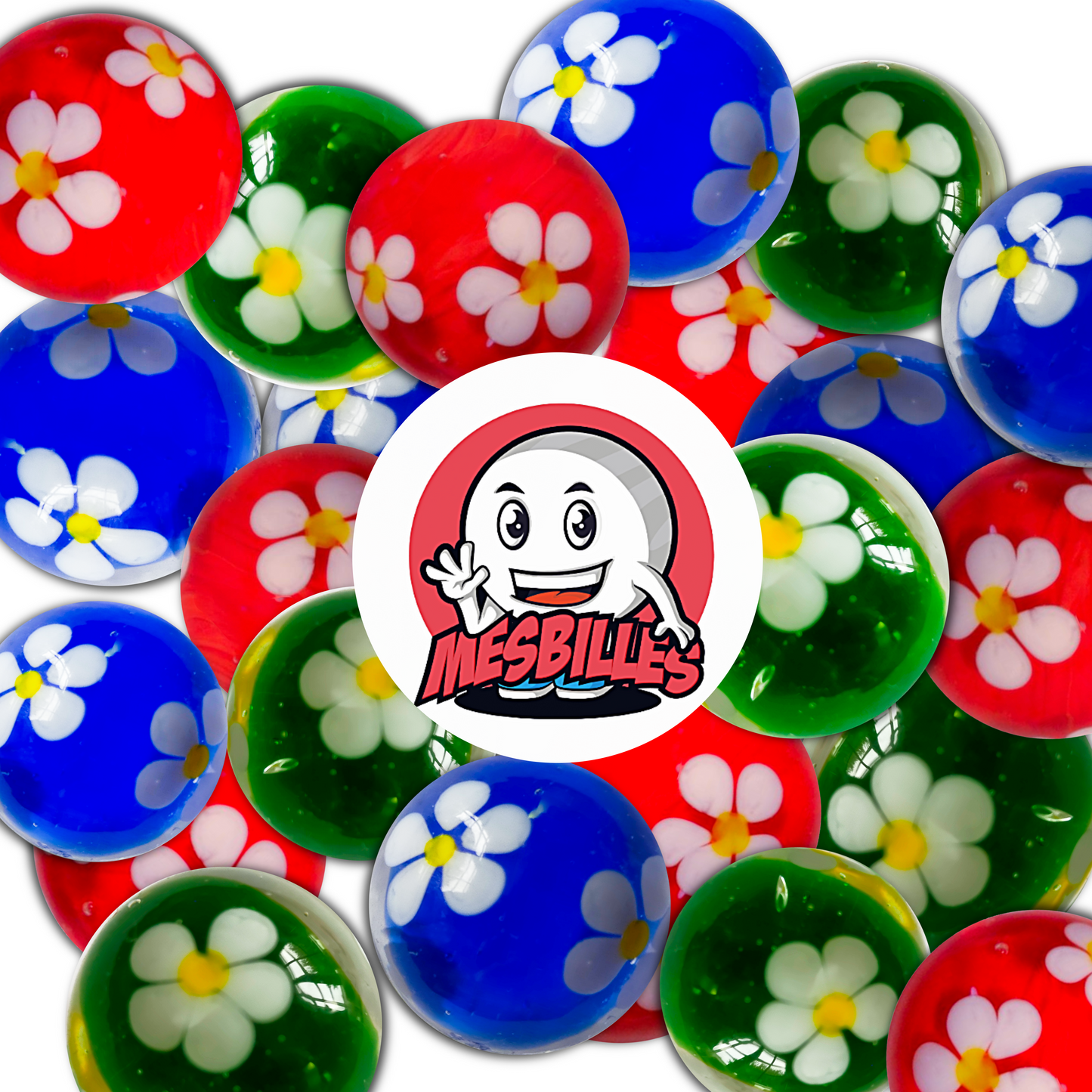 Set di biglie artigianali rosse, blu e verdi della collezione Jardin Enchanté, tutte decorate con fiori bianchi, che circondano il logo MieiBiglie