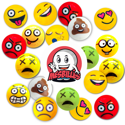 Illustration marketing de l’univers MesBilles : billes aux expressions variées formant une constellation d’émotions autour du logo de la marque