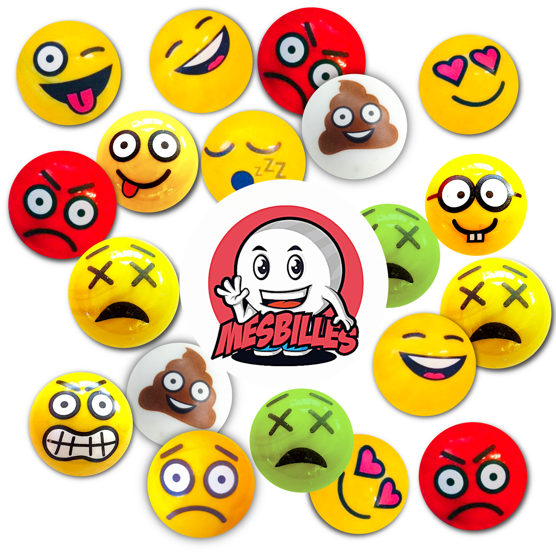 Foto promozionale che raggruppa diverse biglie con espressioni diverse disposte attorno al logo MieiBiglie, ideale per illustrare la varietà dei modelli disponibili