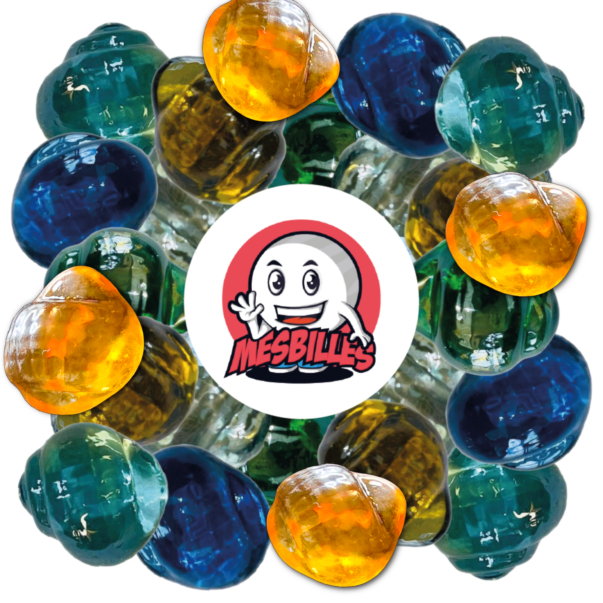 Miscela di biglie Neptunea multicolori, con diverse biglie gialle traslucide a forma di conchiglia messe in risalto attorno al logo MesBilles.