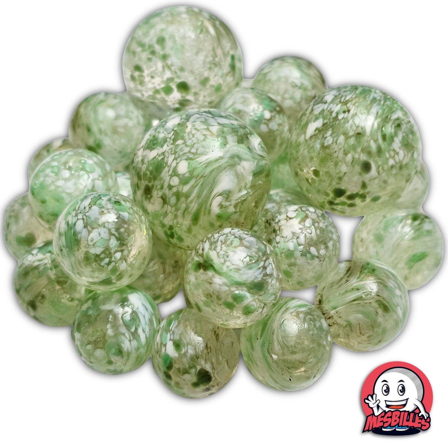 Billes Flyer Vert 16 mm, et billes multicolors qui entourent la mascotte MesBilles des billes en verre translucide avec des taches Multi-couleurs