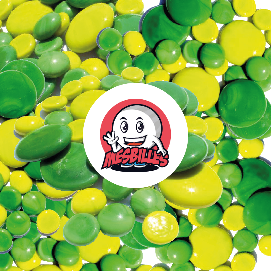 MieiBiglie - 250 grr Biglie piatte opache in verde e verde limone da 30 mm, 18 mm e 12 mm.