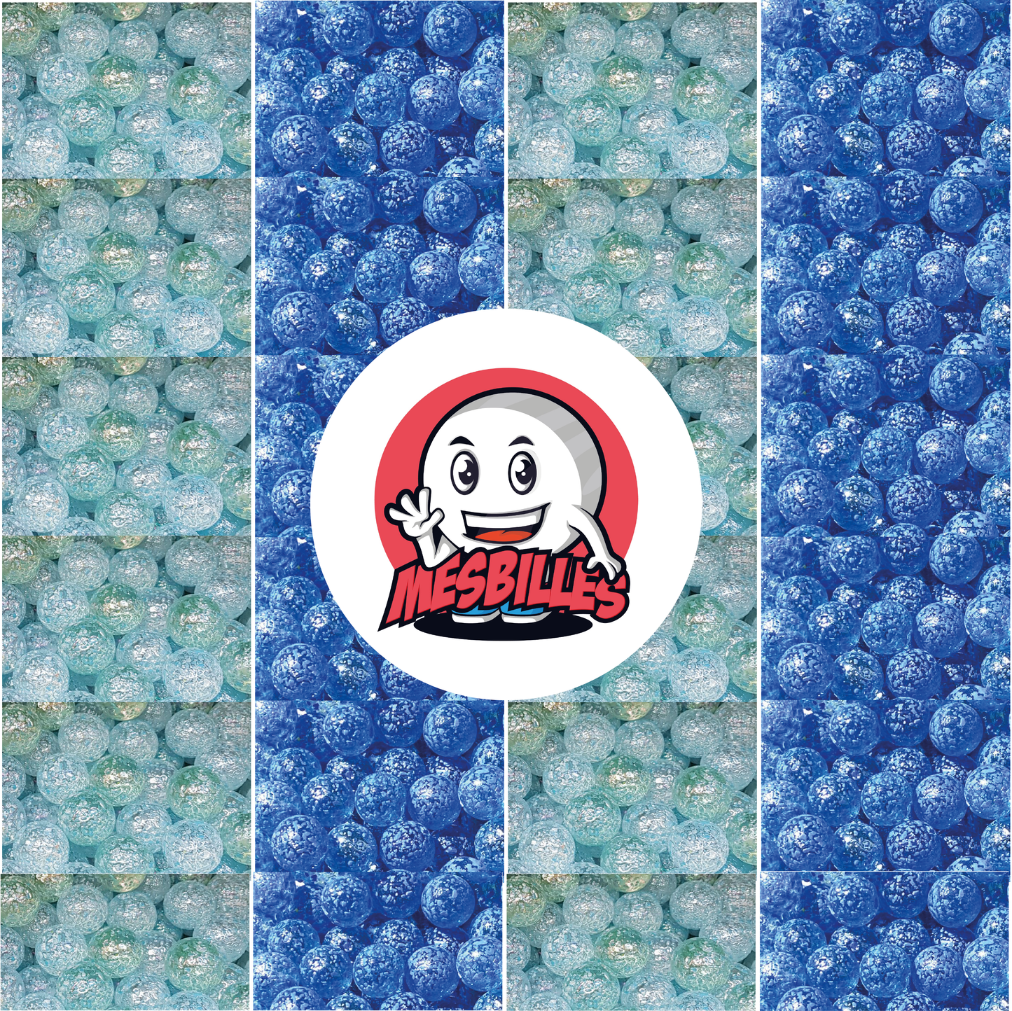 Immagine della mascotte MieiBiglie circondata da biglie Pepita in vetro traslucido con frammenti blu 14 mm