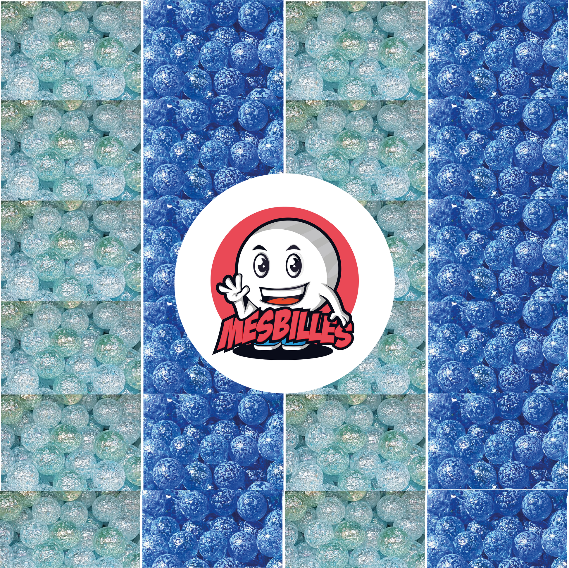 Immagine della mascotte MieiBiglie circondata da biglie Pepita in vetro traslucido con frammenti blu 14 mm