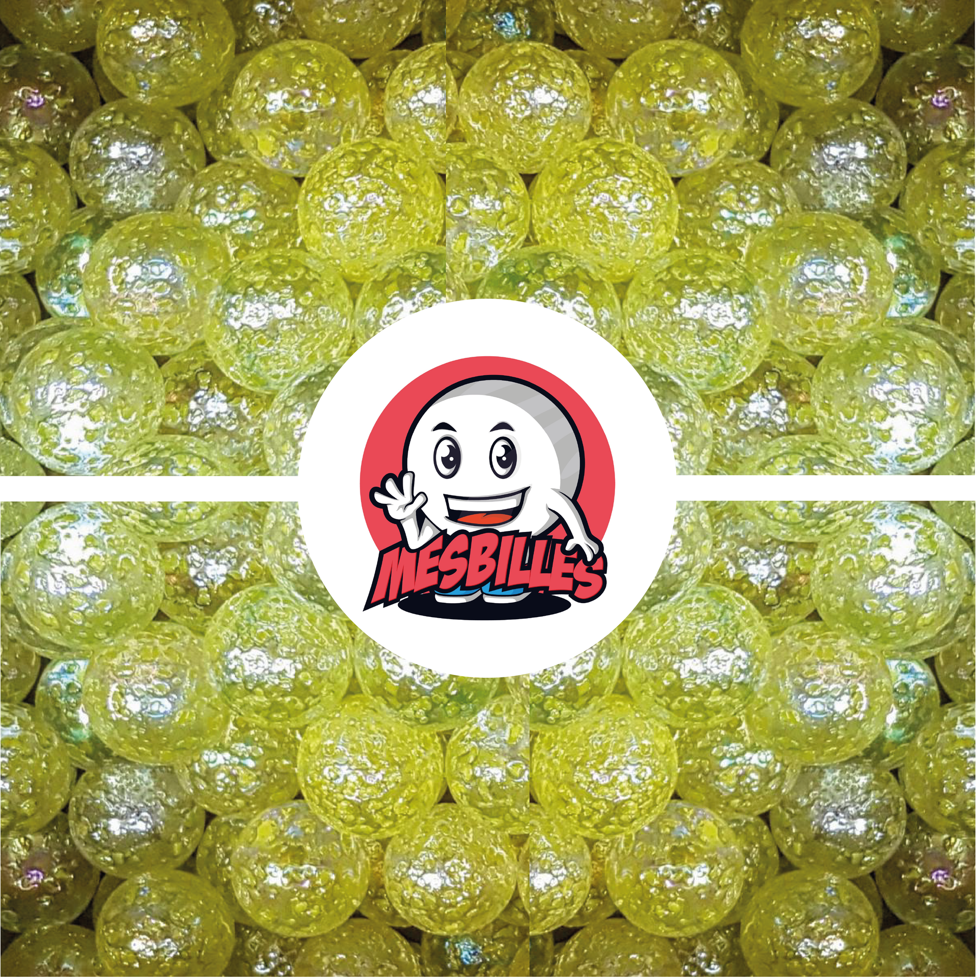 Image de la Mascotte MesBilles entourée de Billes Pépite en verre translucide avec éclats JAUNE 50 mm