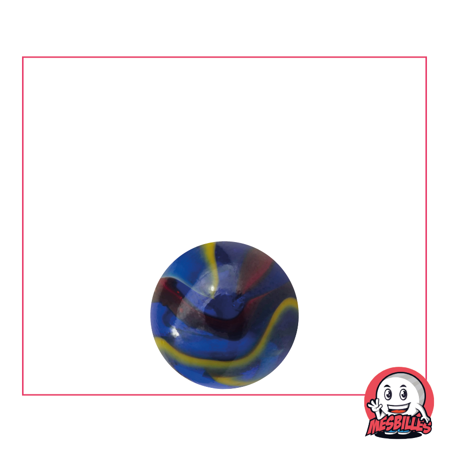 Bille Michel-Ange 14 mm en verre bleu, avec striures rouges, blanches et jaunes - MesBilles