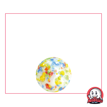 Immagine della mascotte MieiBiglie circondata da biglie bianche opache da 14 mm ricoperte di frammenti multicolori