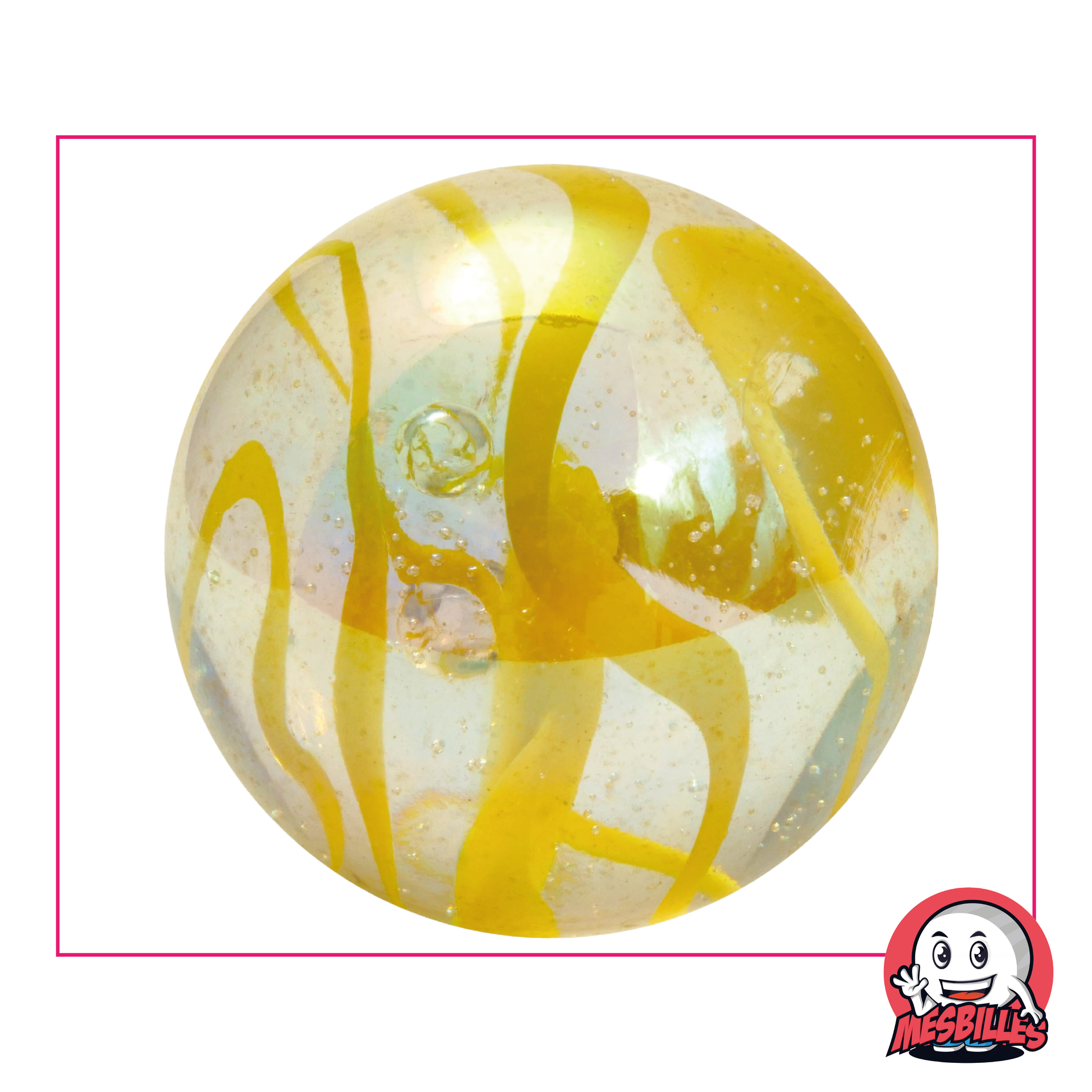 Bille Ruban en verre de 50 mm, tranlucide traversé ruban jaune, grosse bille de très grande taille