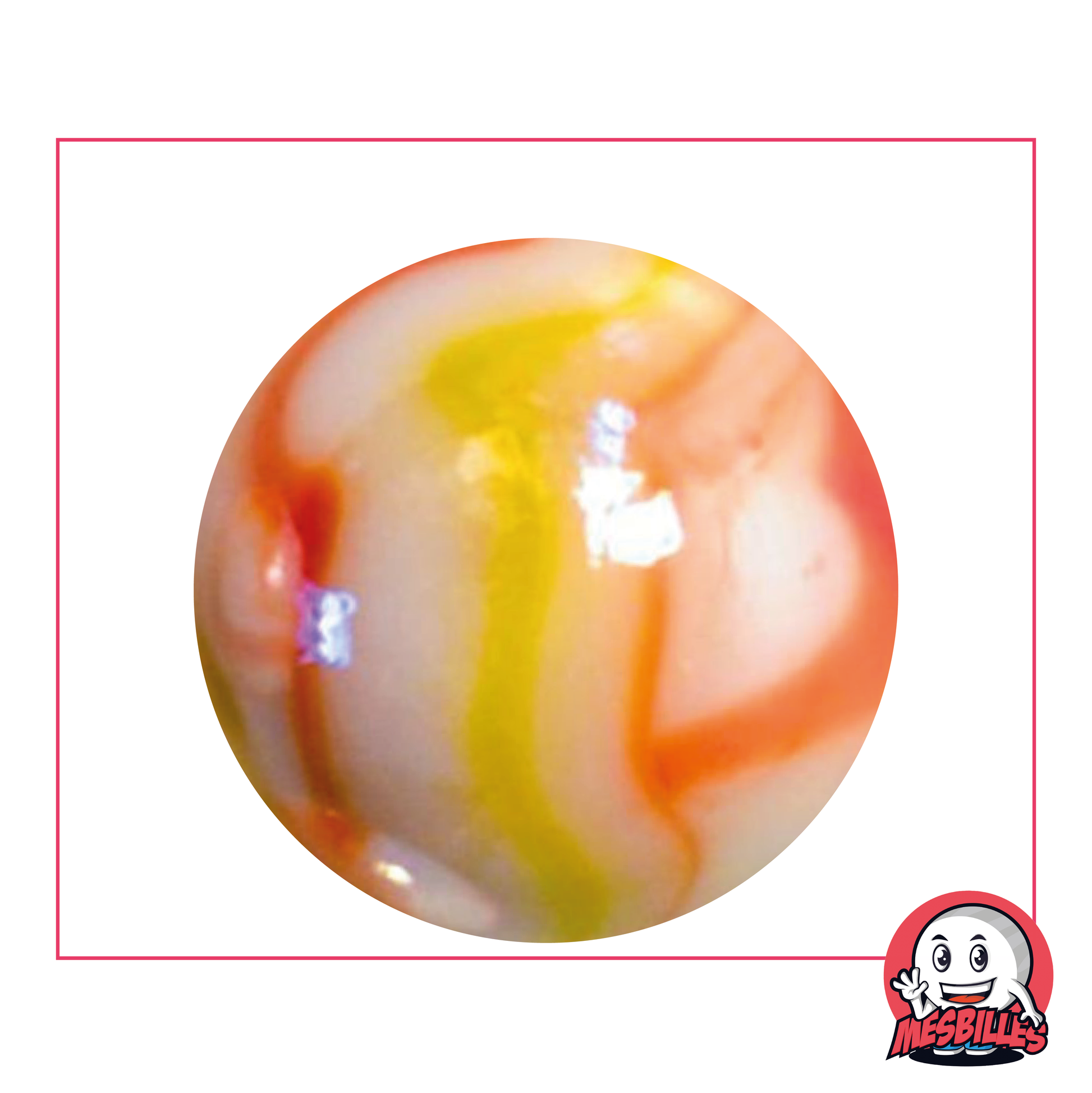 Bille Tigre Orange 42 mm, bille nacré blanc, très grosse bille brillante avec ruban jaune et orange