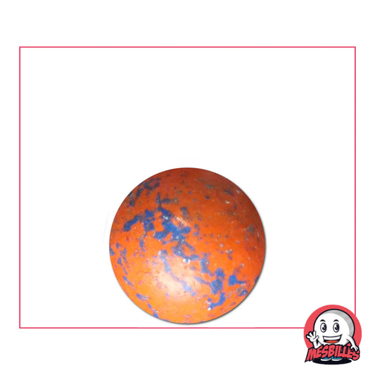 Bille en terre orange mouchetée de 16 mm, avec motifs bleus, idéale pour collection ou jeu de billes traditionnel